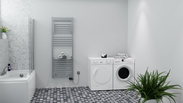 ISAN Melody Flexi s háčky koupelnový policový radiátor, 1555 × 600 mm, 683 W, bílá 9016, spodní připojení, antikorózní ochrana Primer