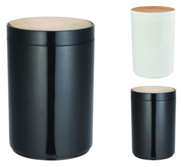MSV výklopný odpadkový koš OSLO, černý, plast, bambusové víko, 5 L
