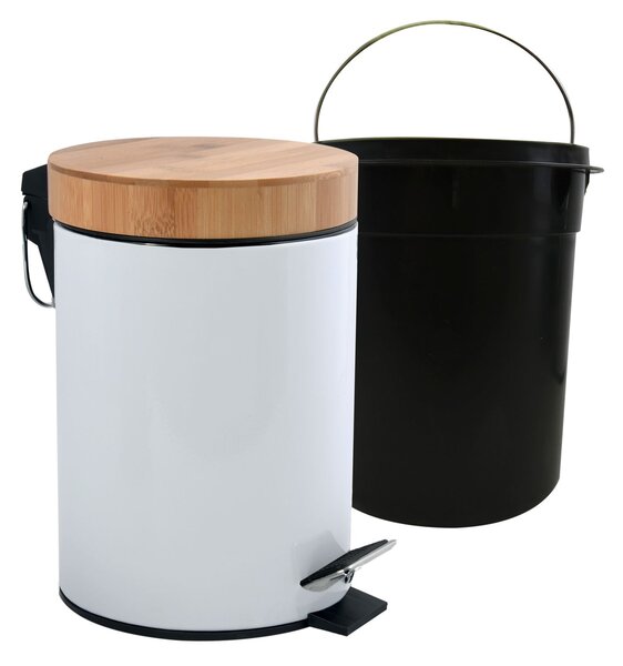 MSV pedálový odpadkový koš AZA, bílá ocel, bambusové víko, 3 L