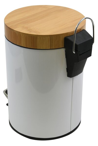 MSV pedálový odpadkový koš AZA, bílá ocel, bambusové víko, 3 L