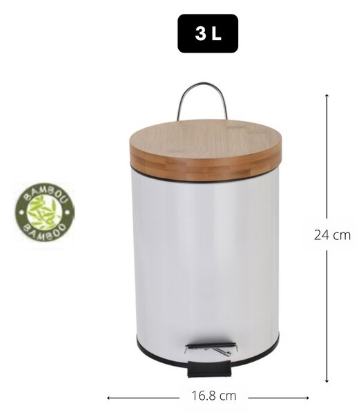 MSV pedálový odpadkový koš AZA, bílá ocel, bambusové víko, 3 L