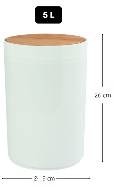 MSV výklopný odpadkový koš OSLO, bílý, plast, bambusové víko, 5 L