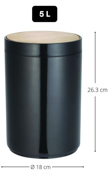 MSV výklopný odpadkový koš OSLO, černý, plast, bambusové víko, 5 L