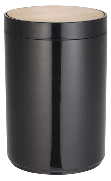 MSV výklopný odpadkový koš OSLO, černý, plast, bambusové víko, 5 L