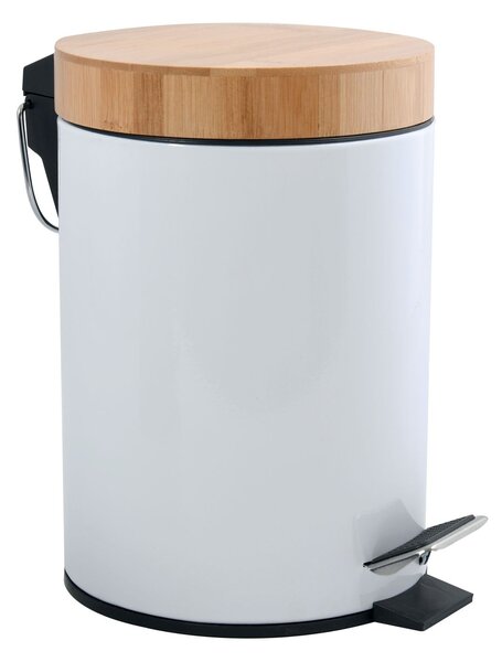 MSV pedálový odpadkový koš AZA, bílá ocel, bambusové víko, 3 L