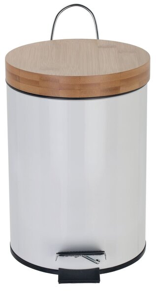MSV pedálový odpadkový koš AZA, bílá ocel, bambusové víko, 3 L