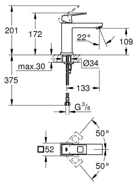 GROHE Eurocube - Páková umyvadlová baterie DN 15, velikost M, Chrom 23446000