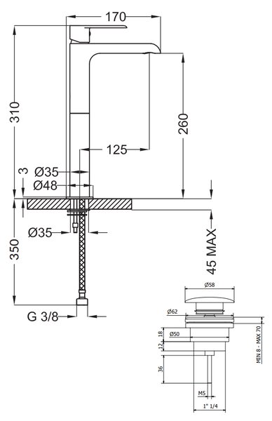 Teorema XS - Umyvadlová baterie stojánková s Push-Open zátkou, pro volně stojící umyvadla, výška 260 mm, nikl matný 8X341