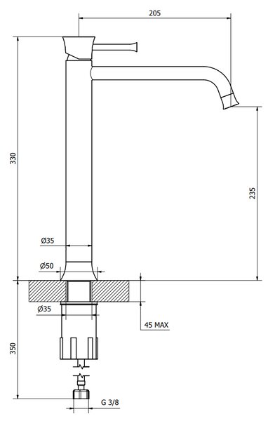 Teorema Scaccomatto - Umyvadlová baterie stojánková s Push-Open zátkou, pro volně stojící umyvadla, výška 235 mm, chrom 8Y375