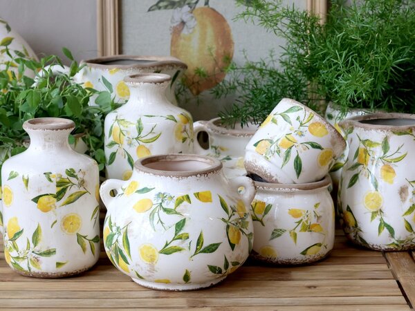 Béžový baňatý keramický džbán s citróny Limone - 13*16 cm - Chic Antique