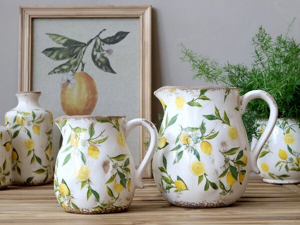 Béžový baňatý keramický džbán s citróny Limone - 13*16 cm - Chic Antique