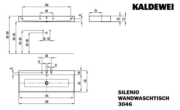 Kaldewei Silenio - Umyvadlo na zeď 1200x460 mm, 1 otvor pro baterii, s přepadem, Perl-effekt, alpská bílá 904506013001