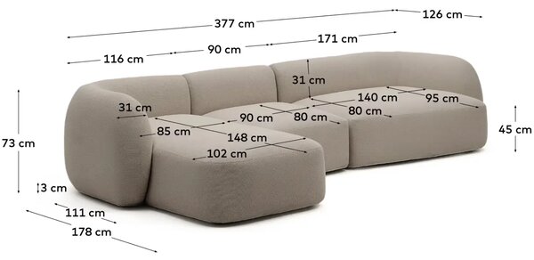 Kave Home Šedá rohová pohovka Martina 377 cm, levá