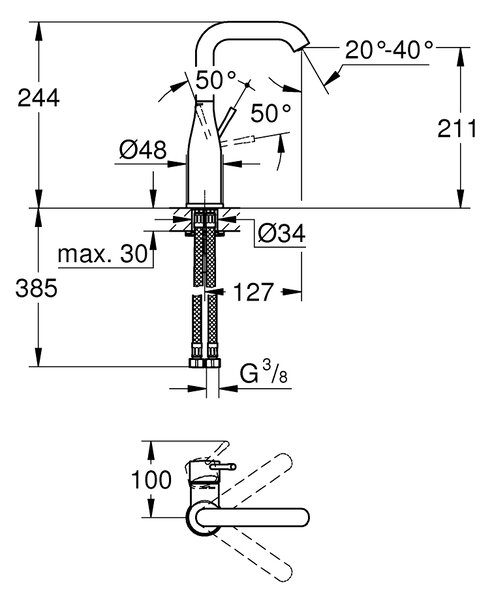 GROHE Essence - Páková umyvadlová baterie DN15, Velikost L, phantom black 24177KF1