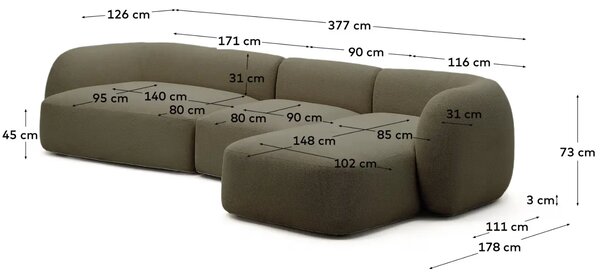 Kave Home Zelená rohová pohovka Martina 377 cm, pravá