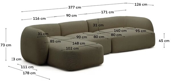 Kave Home Zelená rohová pohovka Martina 377 cm, levá