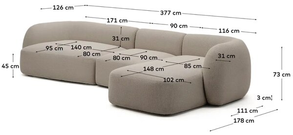 Kave Home Šedá rohová pohovka Martina 377 cm, pravá