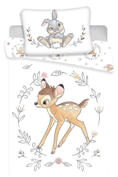 Dětské bavlněné povlečení s obrázkem pohádkové postavičky Bambi, kolouška s bílým ocáskem. Povlečení s motivem pro holky i kluky. Rozměr povlečení je 140x200, 70x90 cm