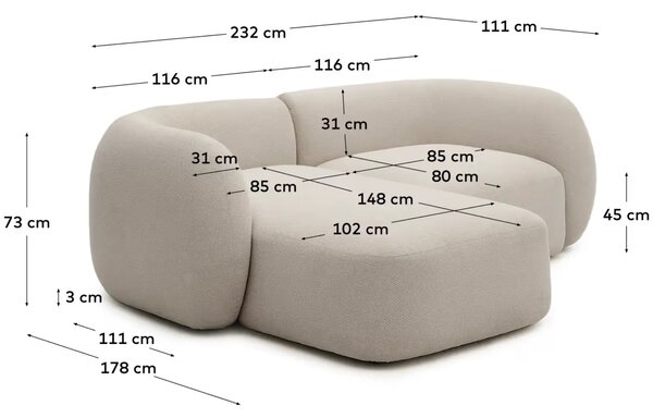 Kave Home Šedá rohová pohovka Martina 230 cm, levá
