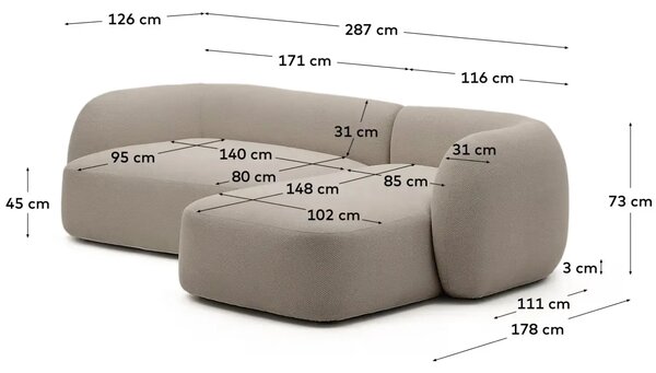 Kave Home Šedá rohová pohovka Martina 287 cm, pravá