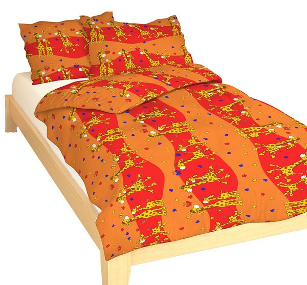 Krepové povlečení laděné do červené a oranžové barvy se žirafami. Povlečení je vhodné kombinovat s oranžovým, žlutým nebo červeným prostěradlem. Rozměr povlečení je 90x130 45x60 cm