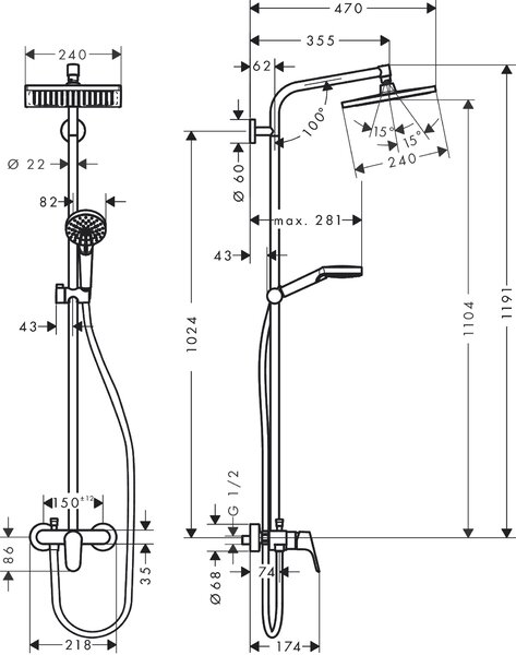Hansgrohe Crometta E Showerpipe 240 1jet s pákovou baterií, chrom 27284000