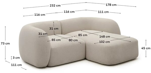 Kave Home Šedá rohová pohovka Martina 230 cm, pravá