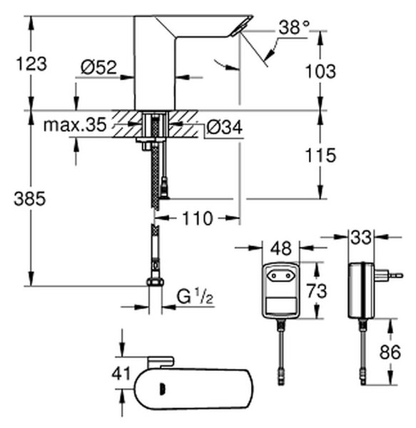 GROHE Bau Cosmopolitan E - Infračervená elektronická umyvadlová baterie 1/2" se směšovacím zařízením a nastavitelným omezovačem teploty, Chrom 36453000