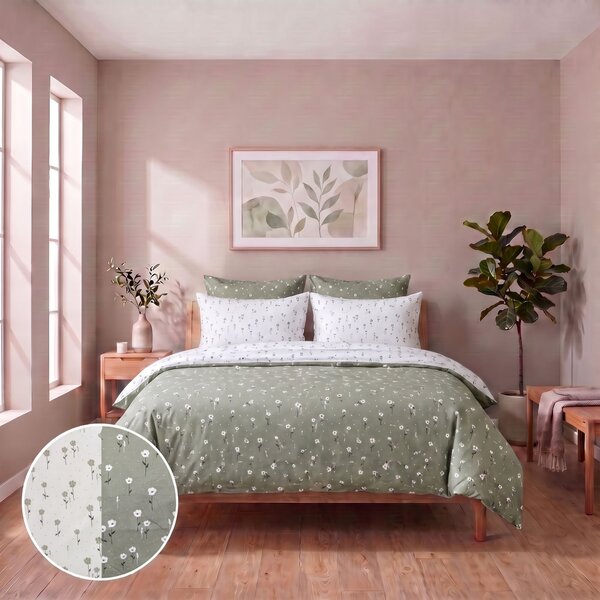 Kvalitex Bavlněné povlečení renforcé Kvítky zelené 1x 140/200, 1x 70/90cm