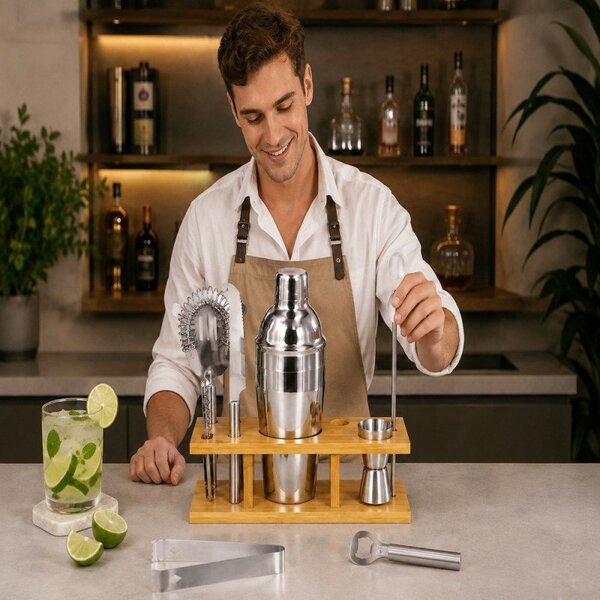 Barmanská sada 9ks 550 ml se stojanem SPRINGOS Martini stříbrná
