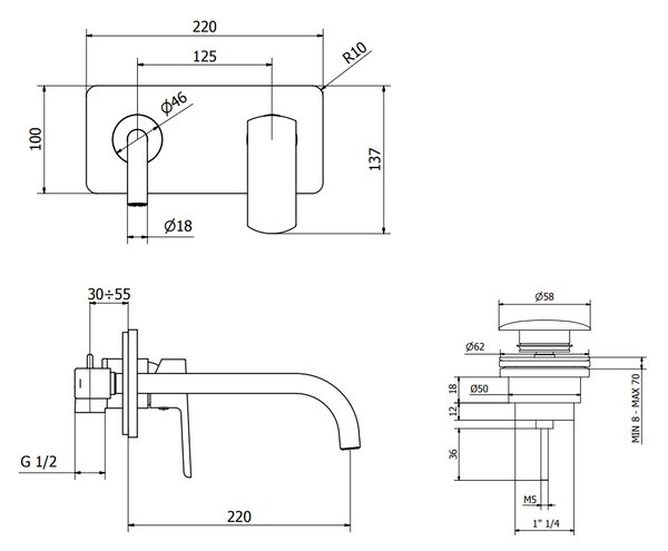 Teorema Edge- Umyvadlová baterie pod omítku, komplet, výtok 220 mm, výpusť CLICK černá 8E312BB