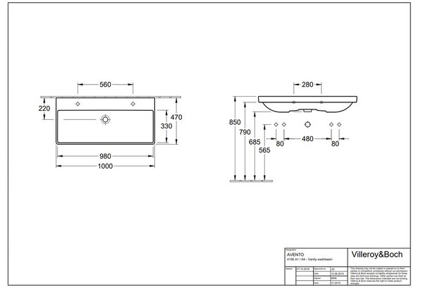 Villeroy & Boch Avento - Umyvadlo na skříňku 1000x470mm, s přepadem, alpská bílá 4156A401