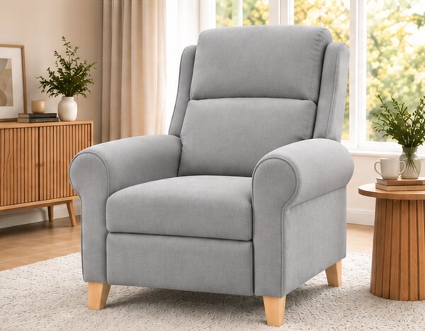 Křeslo relaxační, odpočinkové, ušák, dřevo/textil, 101x95x75 cm, přírodní/světle šedá, Dekorino VILAR