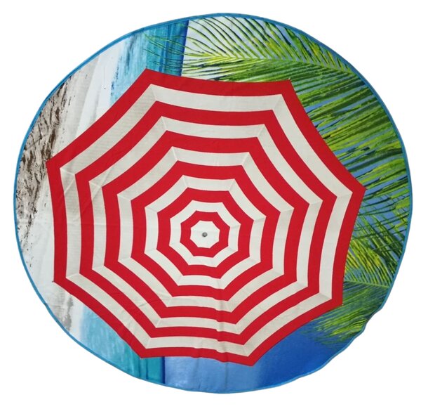 Plážová osuška ideální k vodě, s motivem velkého slunečníku. Krásné pestré barvy. Ve tvaru kruhu. 
