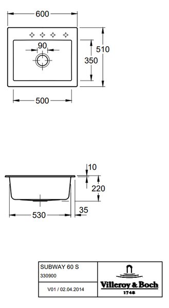 Villeroy & Boch Subway 60 S - Keramický vestavný dřez 600x510 mm, alpská bílá CeramicPlus 330901R1