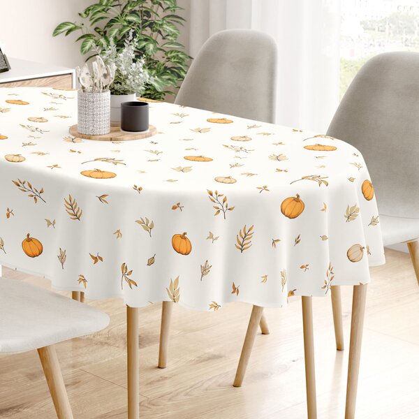 Goldea oválný ubrus 100% bavlněné plátno - podzimní dýně a lístky 140 x 220 cm