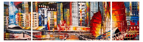 Obraz - Victoria Harbor, Hong Kong, olejomalba (170x50 cm)