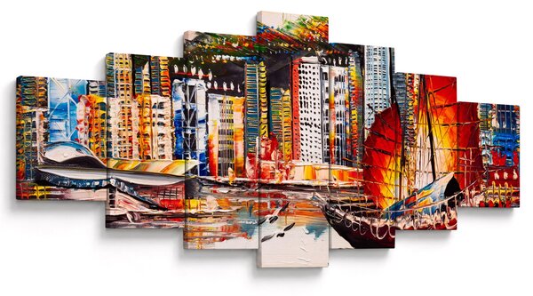 Obraz - Victoria Harbor, Hong Kong, olejomalba (210x100 cm)