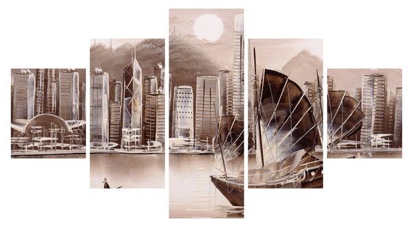 Obraz - Victoria Harbor, Hong Kong, sépiový efekt (125x70 cm)