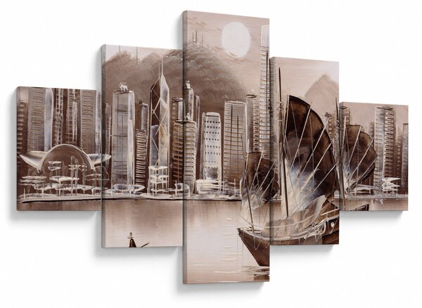 Obraz - Victoria Harbor, Hong Kong, sépiový efekt (125x70 cm)