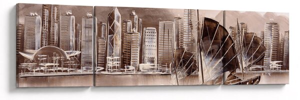 Obraz - Victoria Harbor, Hong Kong, sépiový efekt (170x50 cm)
