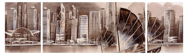 Obraz - Victoria Harbor, Hong Kong, sépiový efekt (170x50 cm)