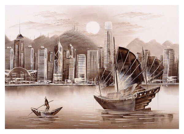 Obraz - Victoria Harbor, Hong Kong, sépiový efekt (70x50 cm)