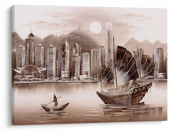 Obraz - Victoria Harbor, Hong Kong, sépiový efekt (70x50 cm)