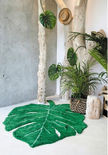 Tmavě zelený pratelný ručně tkaný bavlněný dětský koberec 120x180 cm Monstera Leaf – Lorena Canals