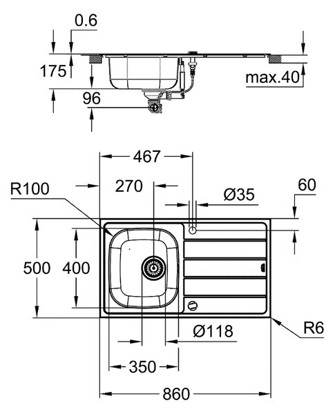 GROHE K200 - Dřez z nerezové oceli s odtokem, nerez ocel, kartáčovaná 31552SD1