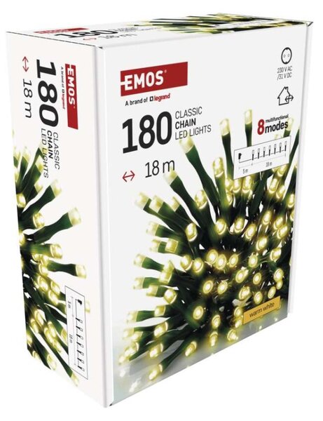 EMOS LED vánoční řetěz, 18 m, venkovní i vnitřní, teplá bílá, programy, časovač