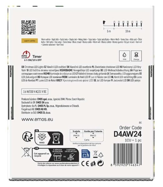 EMOS LED vánoční řetěz, 18 m, venkovní i vnitřní, teplá bílá, programy, časovač