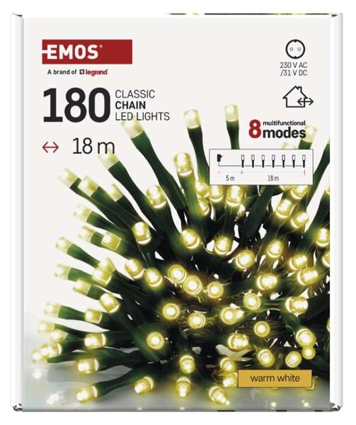 EMOS LED vánoční řetěz, 18 m, venkovní i vnitřní, teplá bílá, programy, časovač