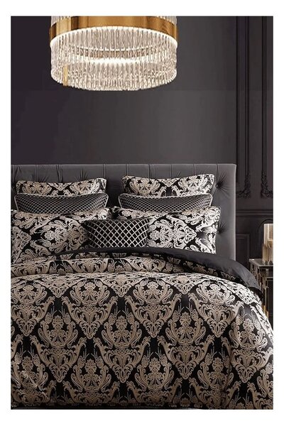 Černé povlečení na dvoulůžko/prodloužené z bavlny Renforcé s prostěradlem/4dílné 200x220 cm Damask – Mila Home